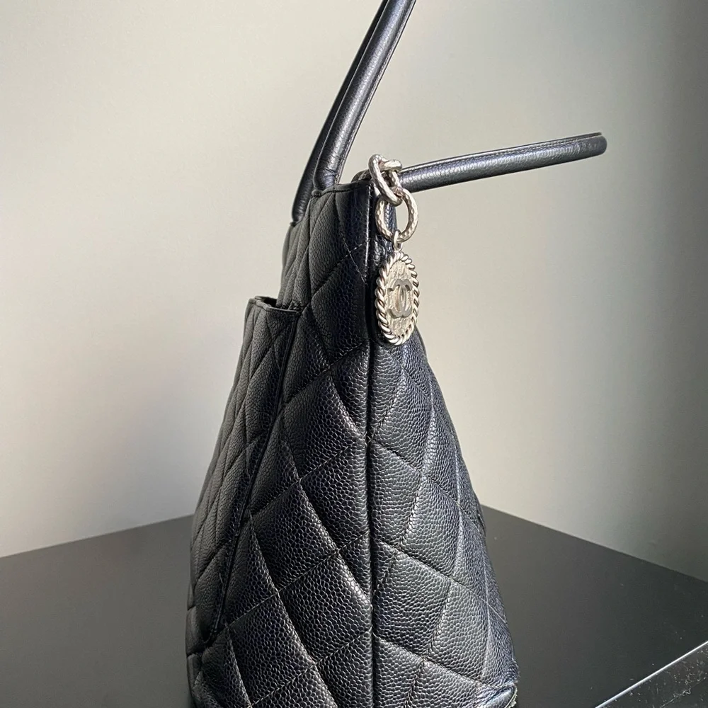 CHANEL MEDALLION BLACK & SILVER HARDWARE QUILTED CAVIAR TOTE